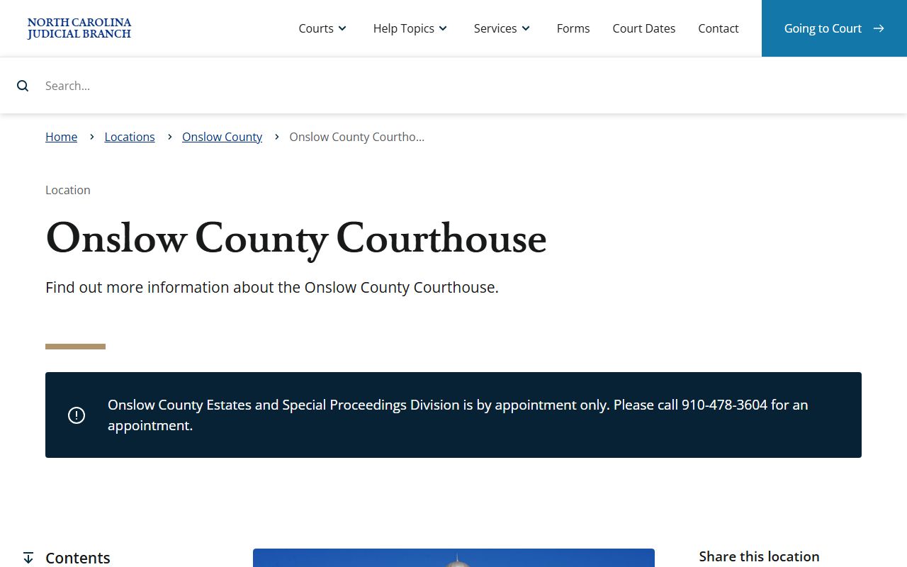 Onslow County courthouse information for Jacksonville probate court records