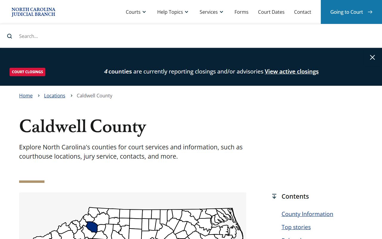 Caldwell County court information page showing probate services