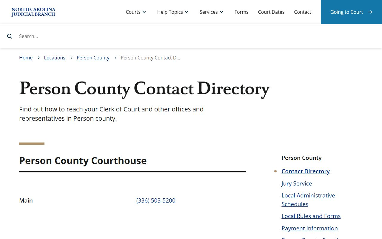 Person County contact directory for court and probate records