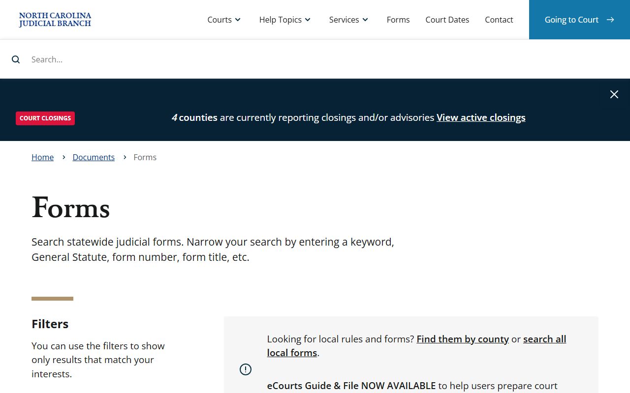 North Carolina Courts forms page for probate court records search