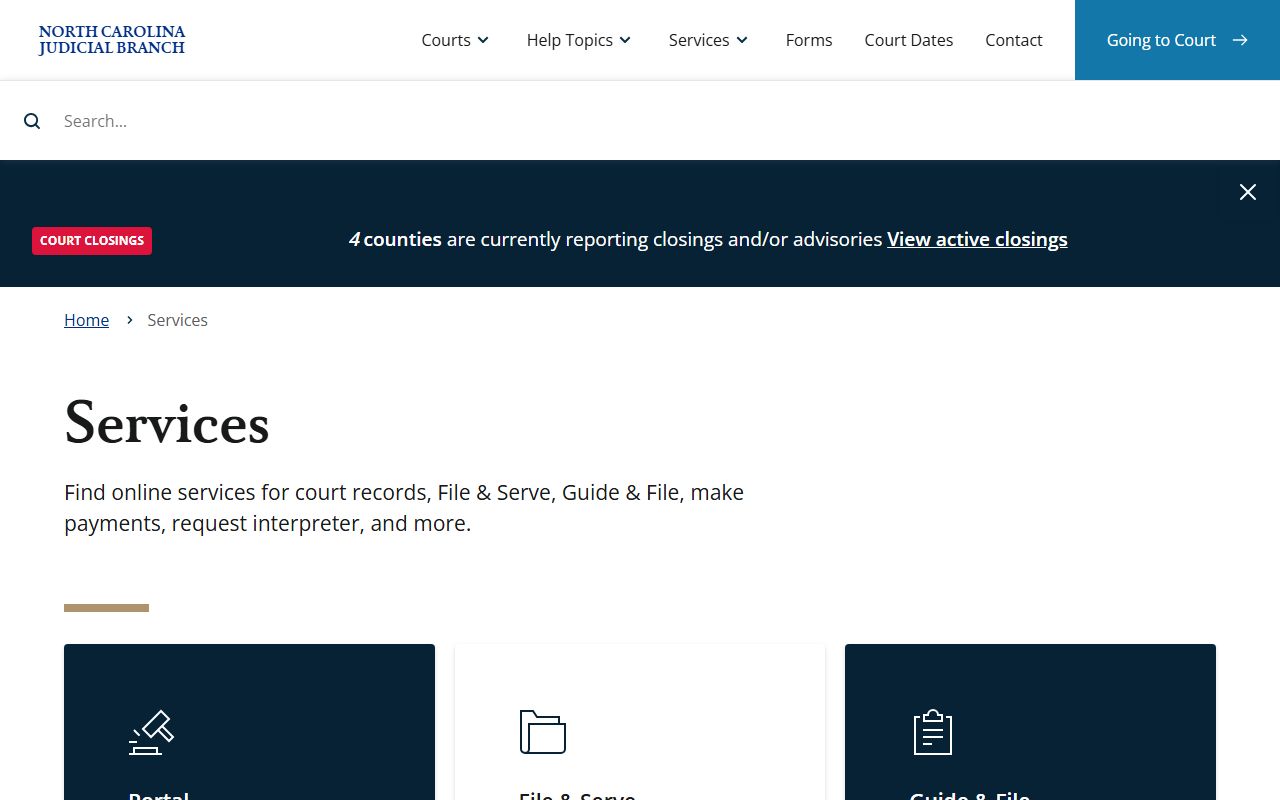 North Carolina Judicial Branch services page for probate court records